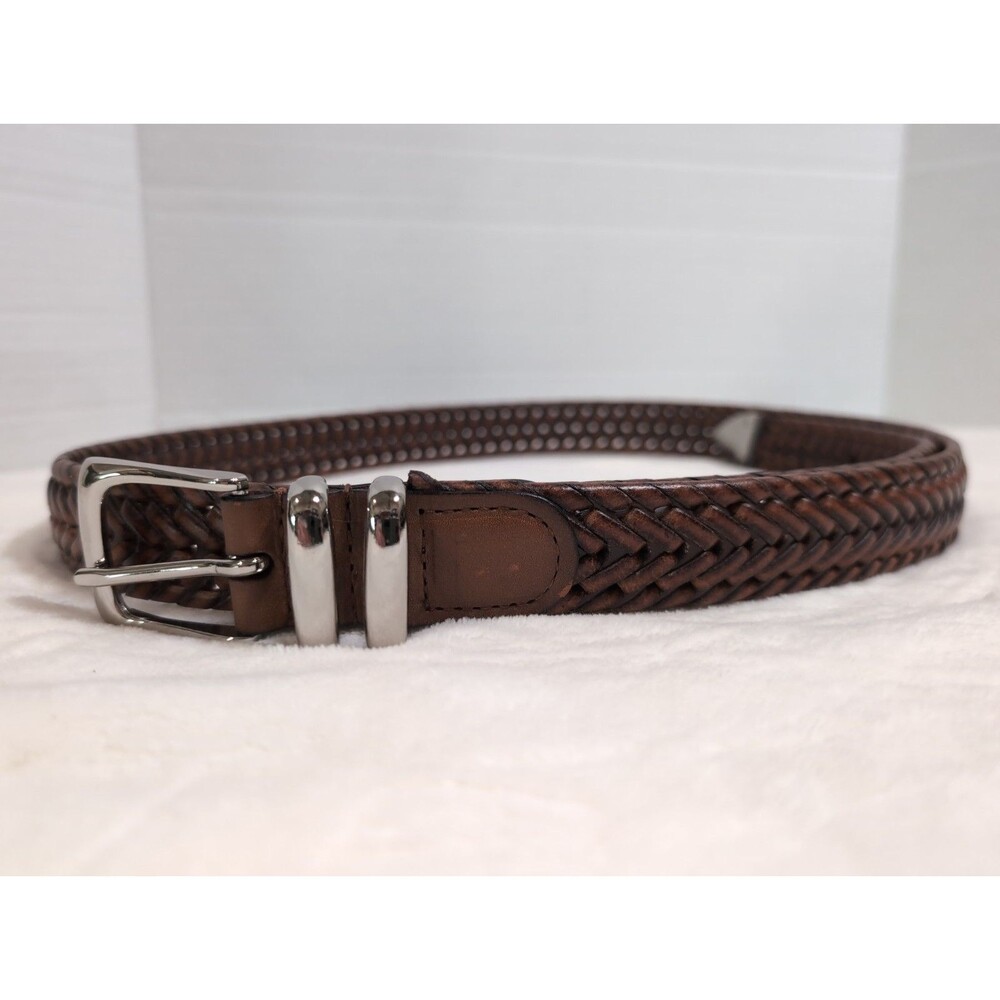 PERRY ELLIS PORTFOLIO WOVEN LEATHER BELT BROWN MENS SIZE 42   EUC